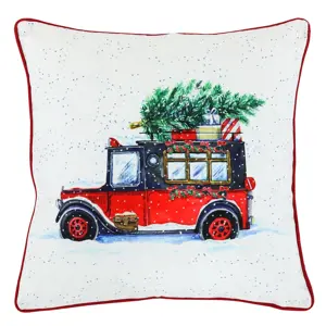 Produkt Polštář sametový s výplní, bílý - vánoční auto, 100% polyester, 45 x 45 cm.