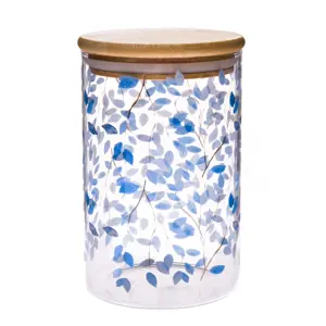 Produkt Skleněná doza s bambusovým víčkem Modré květy, 840 ml
