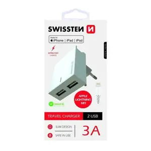 Produkt SWISSTEN adaptér 230V/3A 2xUSB + MFI lightning kabel 1,2m