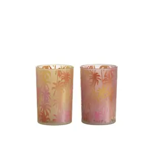 Produkt 2 ks oranžovo růžový skleněný svícen s palmami - 12*12*18 cm J-Line by Jolipa