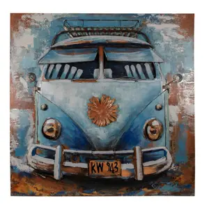 3D modrý kovový obraz s obytným vozem Blue Iron Camper - 80*5*80 cm Clayre & Eef