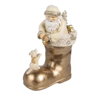 Produkt Béžová vánoční dekorace Santa ve zlaté botě - 12*7*16 cm Clayre & Eef