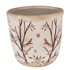 Béžový keramický obal na květináč s květy a ptáčky Birdie XS - Ø 11*10 cm Clayre & Eef