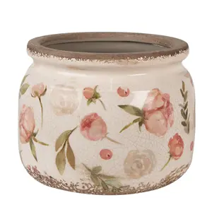 Béžový keramický obal na květináč s růžovými květy Olia L - Ø 20*15 cm Clayre & Eef