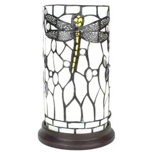 Produkt Bílá válcovitá stolní lampa Tiffany s vážkou DragonFly - Ø 15*26 cm E14/max 1*40W Clayre & Eef