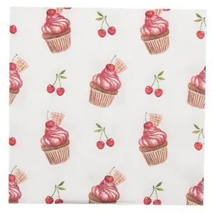 Produkt Bílé papírové ubrousky s dortíčky Cherry Cupcake - 33*33 cm (20ks) Clayre & Eef