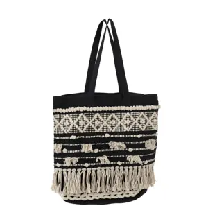 Produkt Černo-krémová kabelka Monochrome Boho s třásněmi - 40*45cm J-Line by Jolipa