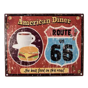 Červená antik nástěnná kovová cedule American Diner - 25*1*20 cm Clayre & Eef