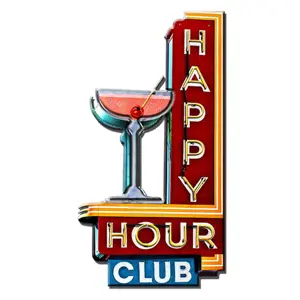 Produkt Červená kovová nástěnná cedule Happy Hour Club - 32*1*60 cm Clayre & Eef