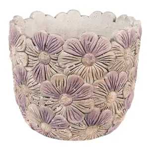 Produkt Fialový cementový obal na květináč s květy Violet - Ø 19*16 cm Clayre & Eef