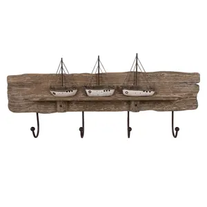 Produkt Hnědý antik dřevěný nástěnný věšák s loďkami Nauticco - 63*8*27 cm Clayre & Eef