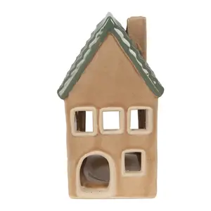 Hnědý porcelánový domek svícen na čajovou svíčku Candle House - 8*8*15 cm Clayre & Eef