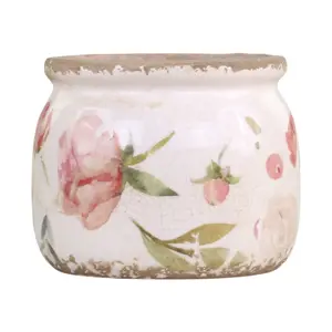 Produkt Keramický obal na květináč s růžovými květy Floral Étel - Ø 12*9cm Chic Antique