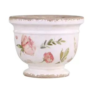 Keramický obal na květináč s růžovými květy Floral Étel - Ø 14*14cm Chic Antique