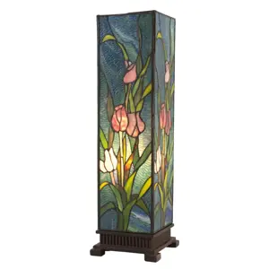 Modrá hranatá stolní lampa Tiffany s tulipány Toulipp - 24*58.5 cm/ 1*60W Clayre & Eef