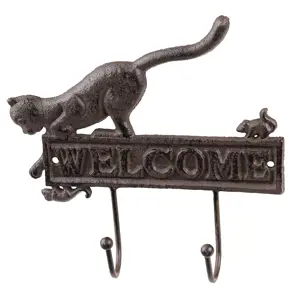 Nástěnný litinový věšák s kočkou a myší Welcome - 22*5*20 cm Clayre & Eef