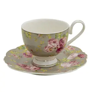 Produkt Porcelánový šálek s podšálkem Flowers - Ø 15*2 / 12*8*7 cm / 200 ml Clayre & Eef