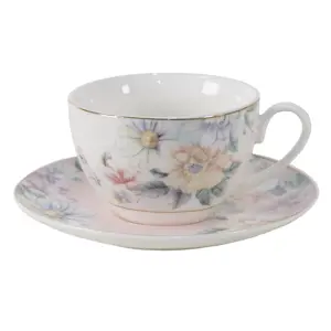 Porcelánový šálek s podšálkem s květinami Flowers - Ø 10*6 / Ø 15*2 cm / 250 ml Clayre & Eef