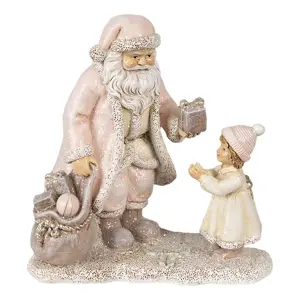 Růžová vánoční dekorace socha Santa s děvčátkem - 14*9*14 cm Clayre & Eef