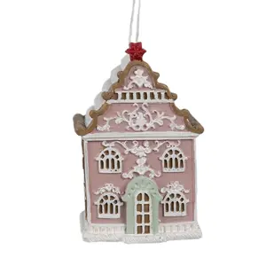 Růžová závěsná vánoční ozdoba perníková chaloupka Gingerbread - 6*4*9 cm Clayre & Eef