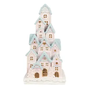 Růžovo-modrá svítící dekorace perníkové domky Gingerbread House - 13*13*26 cm Clayre & Eef