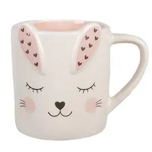 Růžovobílý keramický hrneček ve tvaru králíčka Rabbit - 12*8*10 cm / 300 ml Clayre & Eef