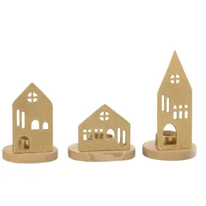 Produkt Set 3ks svícen domek na čajovou svíčku House gold - 9*9*19 cm J-Line by Jolipa