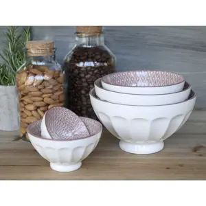 Produkt Set 5ks bílá porcelánová miska s růžovými detaily uvnitř Arés - Ø15*9 cm Chic Antique