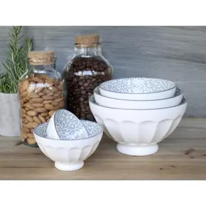 Set 5ks bílá porcelánová miska se šedými detaily uvnitř Arés - Ø15*9 cm Chic Antique