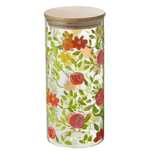 Skleněná dóza na potraviny s dřevěným víčkem a květy  Floral glass - Ø10*23cm / 1400ml J-Line by Jolipa