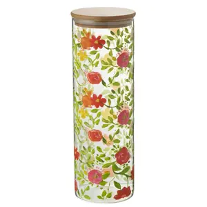 Skleněná dóza na potraviny s dřevěným víčkem a květy  Floral glass - Ø10*30cm / 1900ml J-Line by Jolipa