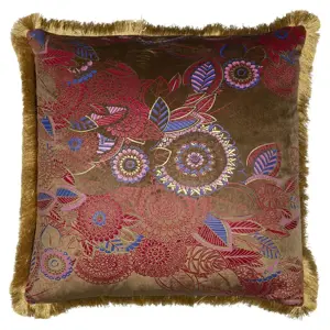 Produkt Taupe sametový polštář s květy a zlatými třásněmi Floral - 45*45*10cm Mars & More