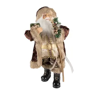 Produkt Vánoční dekorace Santa v hnědém kabátě a s holí - 29*20*63 cm Clayre & Eef