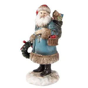 Vánoční dekorace socha Santa v modrém s nůší - 8*7*15 cm Clayre & Eef