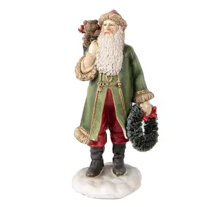 Produkt Vánoční dekorace socha Santa v zeleném s věnečkem - 7*7*15 cm Clayre & Eef