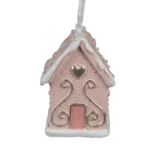 Závěsná růžová ozdoba perníková chaloupka Gingerbread House - 4*4*6 cm Clayre & Eef