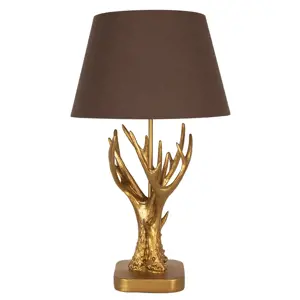 Produkt Zlatá stolní lampa s parožím a hnědým stínidlem - Ø 35*59 cm E27/max 1*60W Clayre & Eef