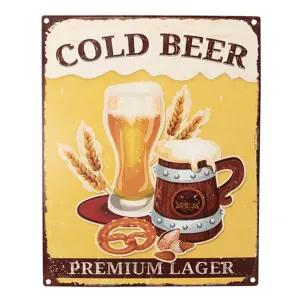 Žlutá antik nástěnná kovová cedule Cold Beer - 20*1*25 cm Clayre & Eef